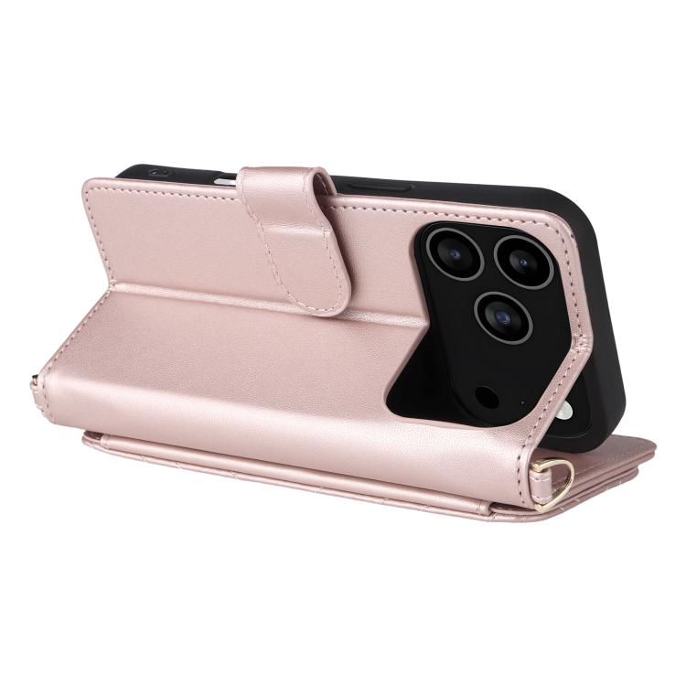 For iPhone 17 Pro Multifunctional 6-Card Slots Leather Phone Case with Wrist Strap