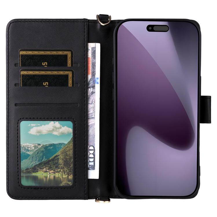 For iPhone 17 Pro Multifunctional 6-Card Slots Leather Phone Case with Wrist Strap