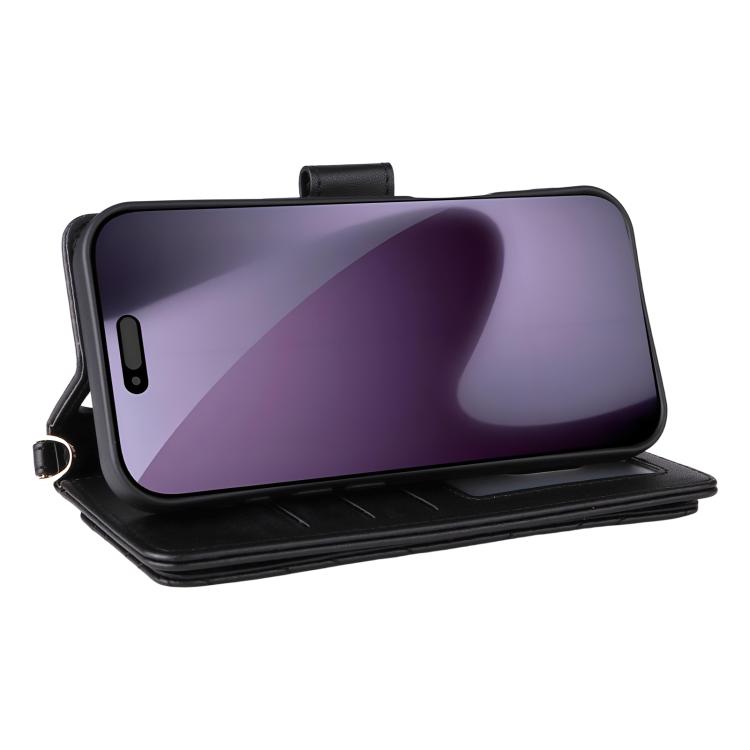 For iPhone 17 Pro Multifunctional 6-Card Slots Leather Phone Case with Wrist Strap