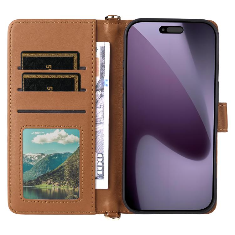 For iPhone 17 Pro Multifunctional 6-Card Slots Leather Phone Case with Wrist Strap