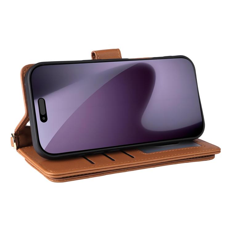 For iPhone 17 Pro Multifunctional 6-Card Slots Leather Phone Case with Wrist Strap