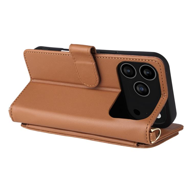 For iPhone 17 Pro Multifunctional 6-Card Slots Leather Phone Case with Wrist Strap