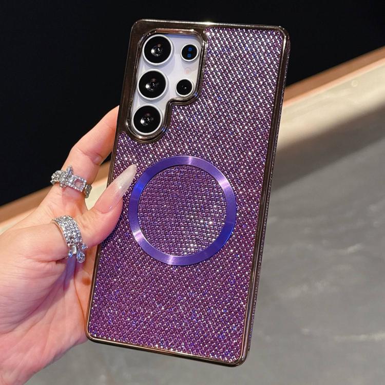 For Samsung Galaxy S22 5G Electroplating PC Glitter Grain MagSafe Phone Case