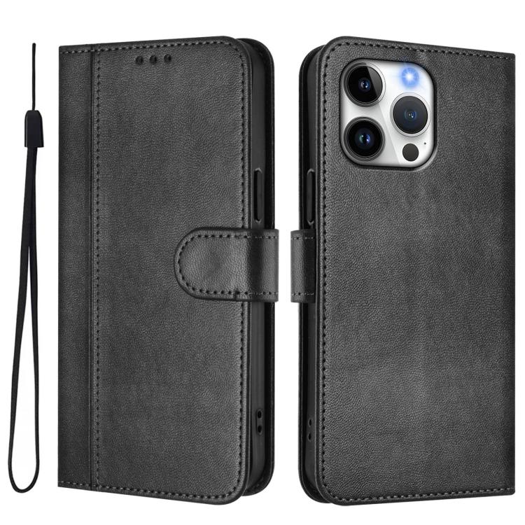 For iPhone 16 Pro Line Splicing Buckle Retro Leather Phone Case