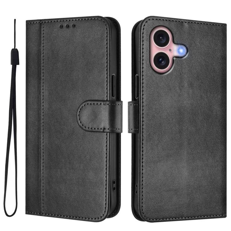 For iPhone 16 Plus Line Splicing Buckle Retro Leather Phone Case