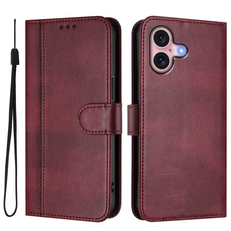 For iPhone 16 Plus Line Splicing Buckle Retro Leather Phone Case