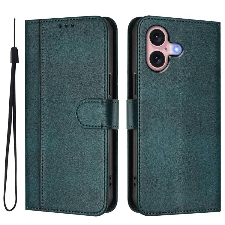 For iPhone 16 Plus Line Splicing Buckle Retro Leather Phone Case