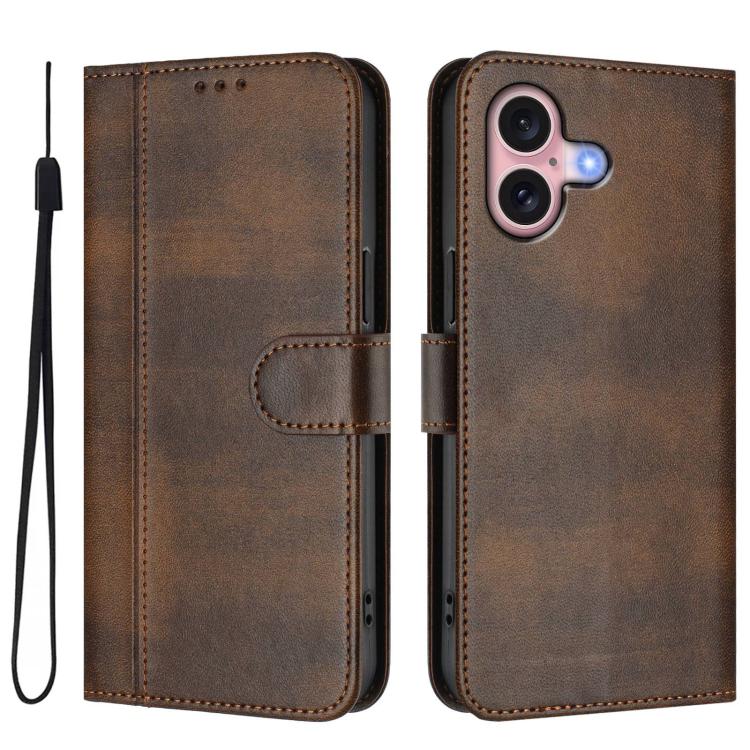 For iPhone 16 Plus Line Splicing Buckle Retro Leather Phone Case