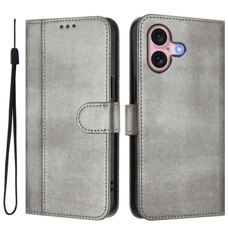 For iPhone 16 Line Splicing Buckle Retro Leather Phone Case