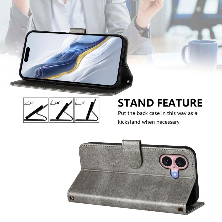 For iPhone 16 Line Splicing Buckle Retro Leather Phone Case