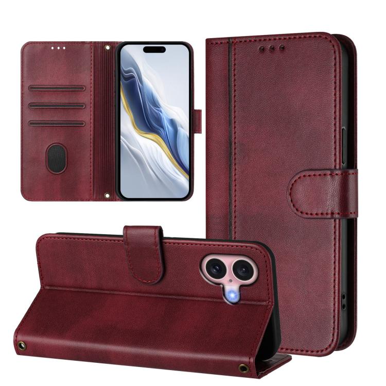 For iPhone 16 Line Splicing Buckle Retro Leather Phone Case