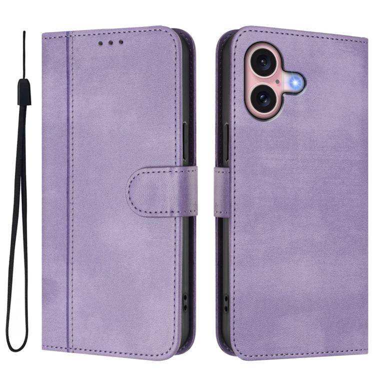 For iPhone 16 Line Splicing Buckle Retro Leather Phone Case