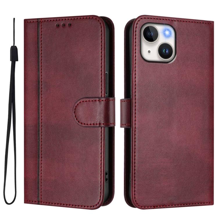 For iPhone 15 Plus Line Splicing Buckle Retro Leather Phone Case