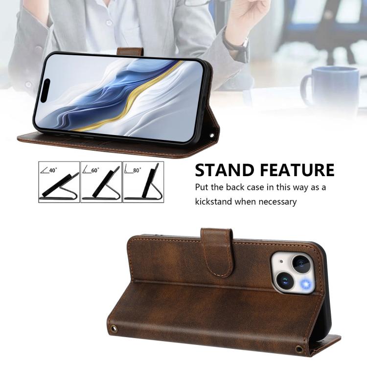 For iPhone 15 Plus Line Splicing Buckle Retro Leather Phone Case