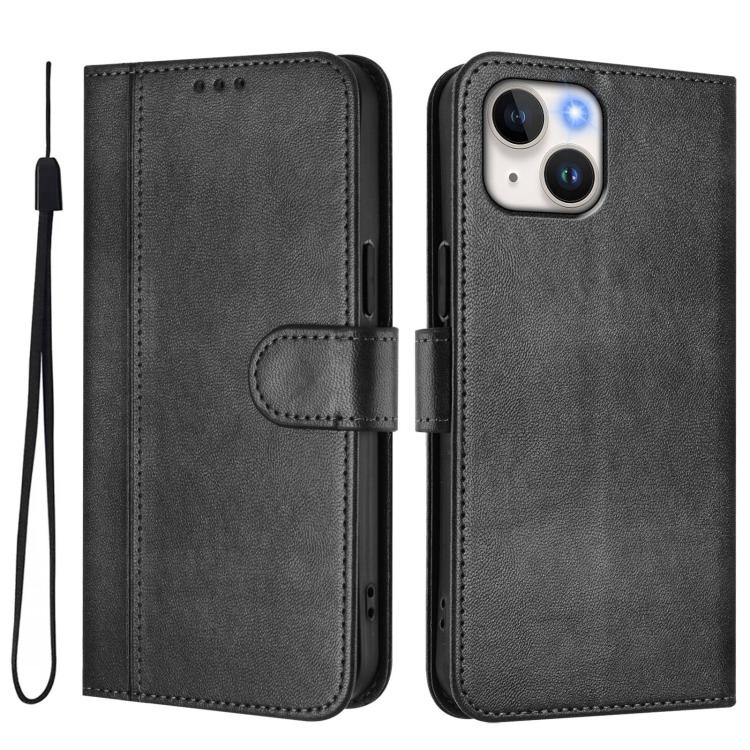 For iPhone 15 Line Splicing Buckle Retro Leather Phone Case