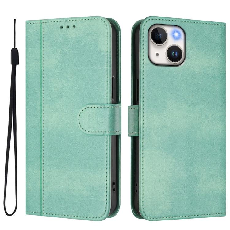 For iPhone 14 Plus Line Splicing Buckle Retro Leather Phone Case
