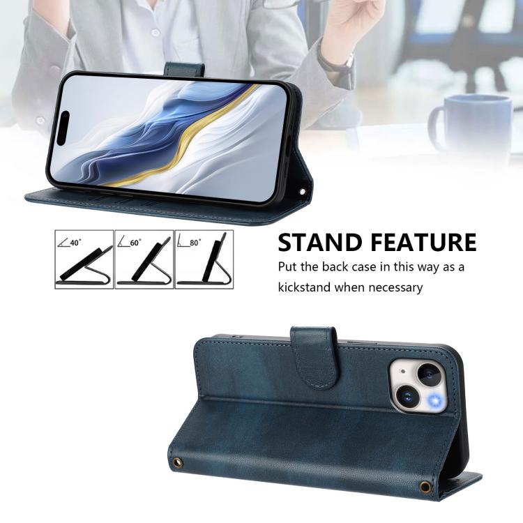 For iPhone 14 Plus Line Splicing Buckle Retro Leather Phone Case