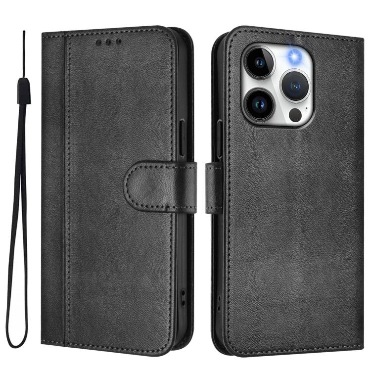 For iPhone 14 Pro Max Line Splicing Buckle Retro Leather Phone Case