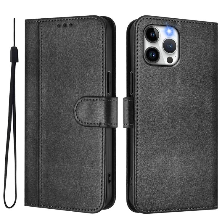 For iPhone 12 Pro Max Line Splicing Buckle Retro Leather Phone Case