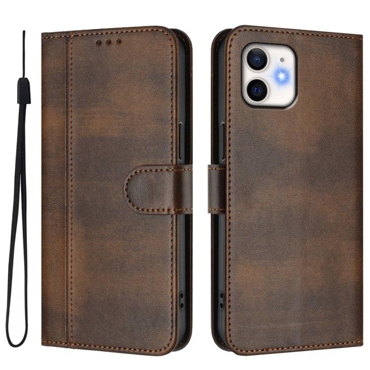 For iPhone 12 mini Line Splicing Buckle Retro Leather Phone Case