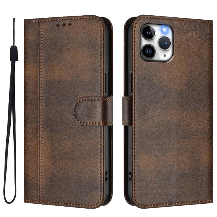 For iPhone 11 Pro Max Line Splicing Buckle Retro Leather Phone Case