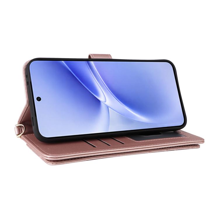 For vivo V70 FE 5G Multifunctional 6-Card Slots Leather Phone Case with Wrist Strap
