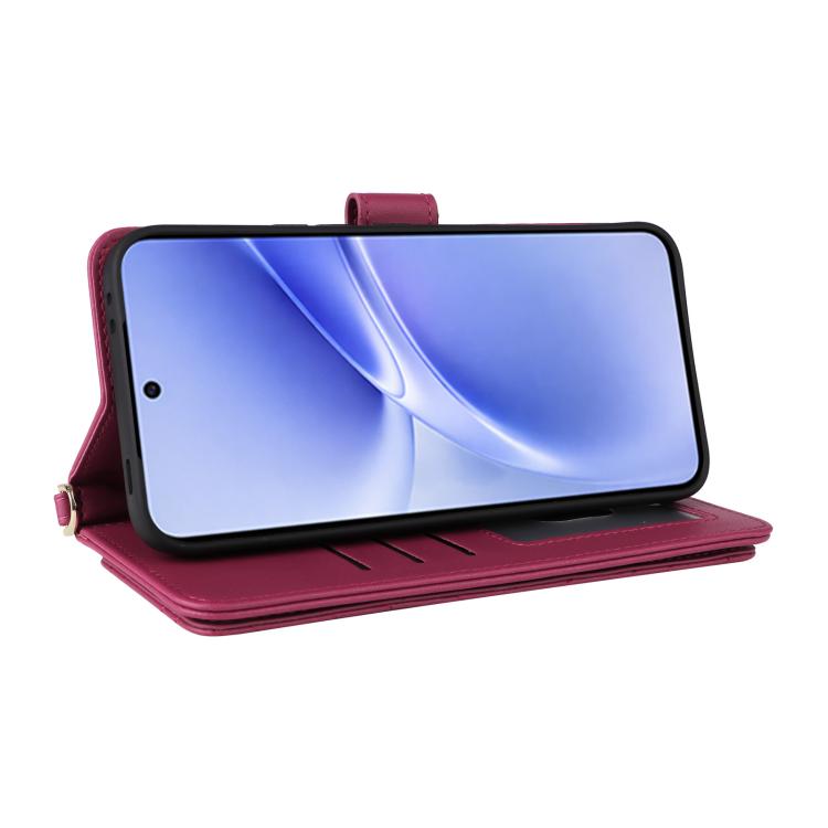 For vivo V70 FE 5G Multifunctional 6-Card Slots Leather Phone Case with Wrist Strap