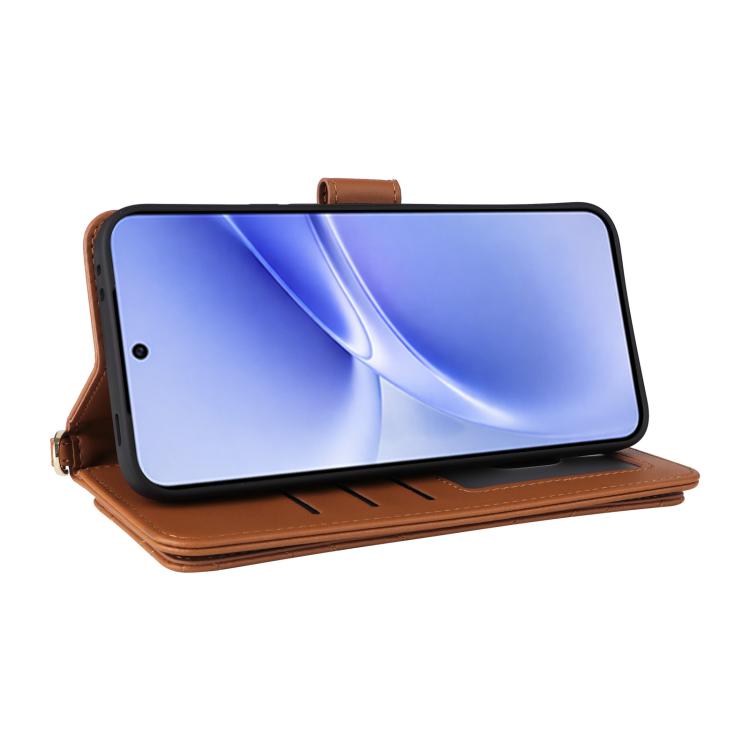 For vivo V70 FE 5G Multifunctional 6-Card Slots Leather Phone Case with Wrist Strap