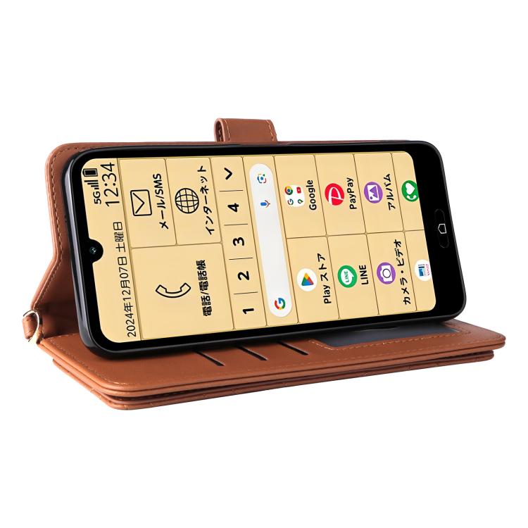 For Fujitsu Rakuraku A401FC Multifunctional 6-Card Slots Leather Phone Case with Wrist Strap