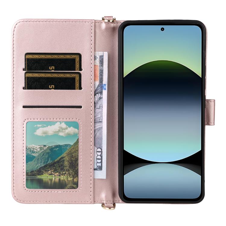 For Redmi Note 14 4G 164.84mm Multifunctional 6-Card Slots Leather Phone Case with Wrist Strap