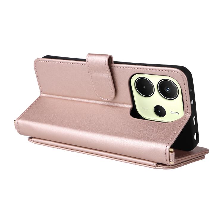 For Redmi Note 14 4G 164.84mm Multifunctional 6-Card Slots Leather Phone Case with Wrist Strap