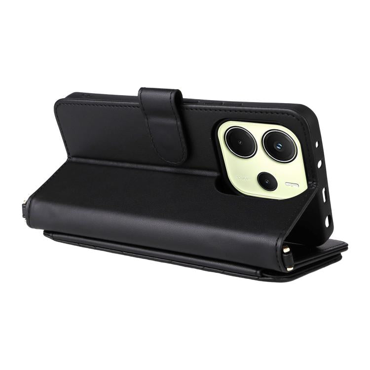 For Redmi Note 14 4G 164.84mm Multifunctional 6-Card Slots Leather Phone Case with Wrist Strap