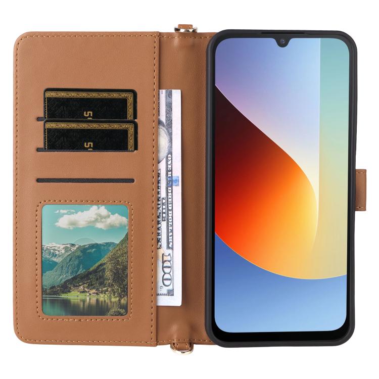 For Redmi A7 Pro 171mm / Poco C85x 5G Multifunctional 6-Card Slots Leather Phone Case with Wrist Strap