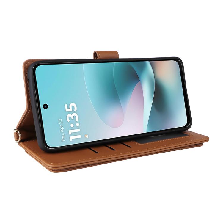 For Motorola Moto G67 Power / G57 Power Multifunctional 6-Card Slots Leather Phone Case with Wrist Strap