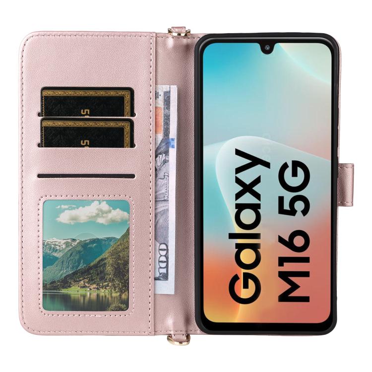 For Samsung Galaxy M16 5G / F16 5G Multifunctional 6-Card Slots Leather Phone Case with Wrist Strap
