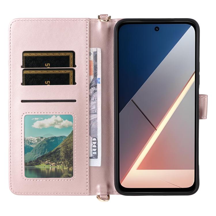 For Xiaomi Poco M7 4G 171mm Multifunctional 6-Card Slots Leather Phone Case with Wrist Strap