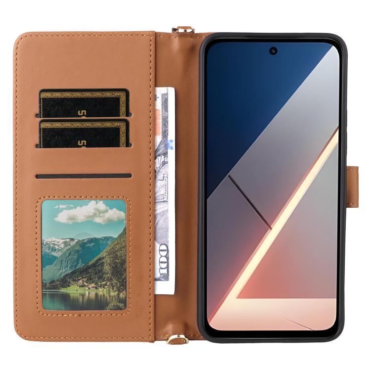 For Xiaomi Poco M7 4G 171mm Multifunctional 6-Card Slots Leather Phone Case with Wrist Strap