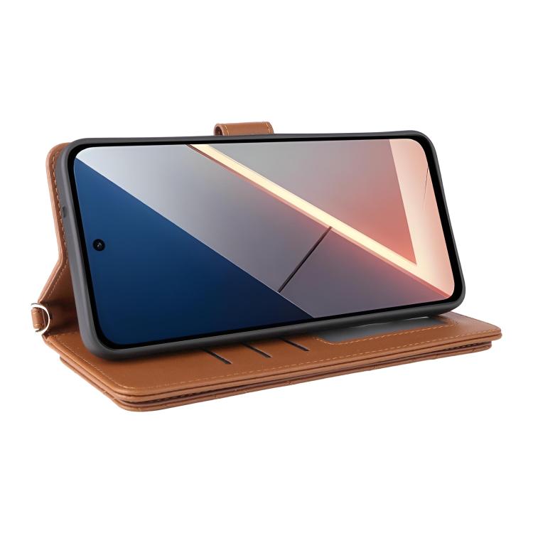 For Xiaomi Poco M7 4G 171mm Multifunctional 6-Card Slots Leather Phone Case with Wrist Strap