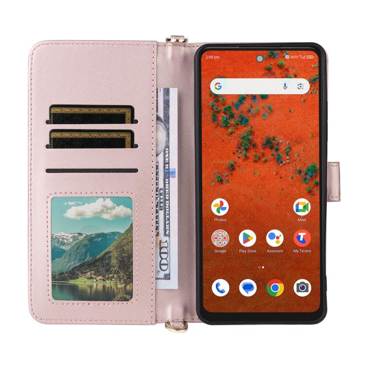For ZTE A75 Pro / Telstra T-Elite 5G Multifunctional 6-Card Slots Leather Phone Case with Wrist Strap