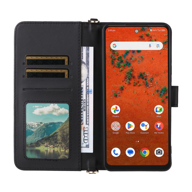 For ZTE A75 Pro / Telstra T-Elite 5G Multifunctional 6-Card Slots Leather Phone Case with Wrist Strap