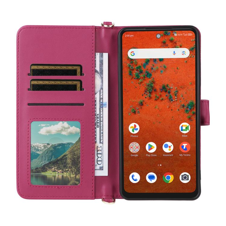 For ZTE A75 Pro / Telstra T-Elite 5G Multifunctional 6-Card Slots Leather Phone Case with Wrist Strap