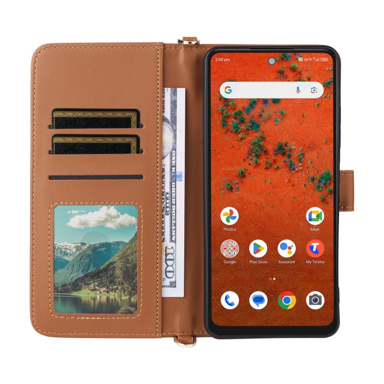 For ZTE A75 Pro / Telstra T-Elite 5G Multifunctional 6-Card Slots Leather Phone Case with Wrist Strap