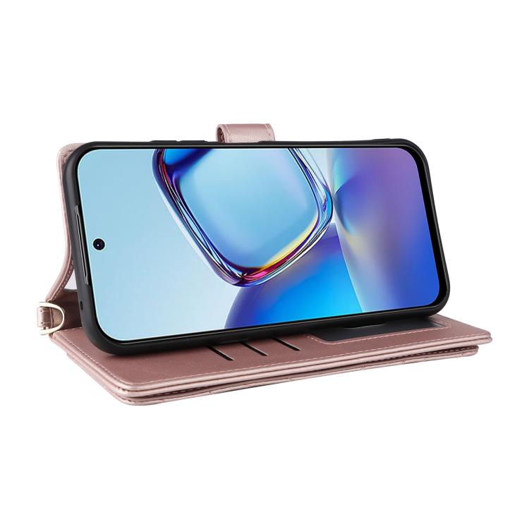 For ZTE nubia V80 Design Multifunctional 6-Card Slots Leather Phone Case with Wrist Strap