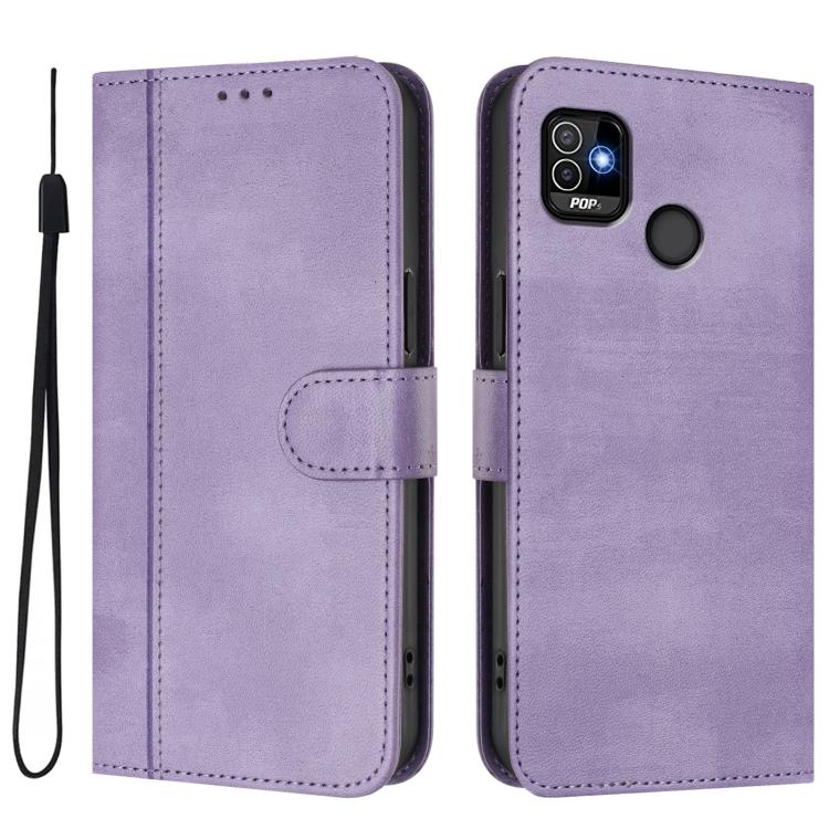 For Tecno Pop 5 Line Splicing Buckle Retro Leather Phone Case