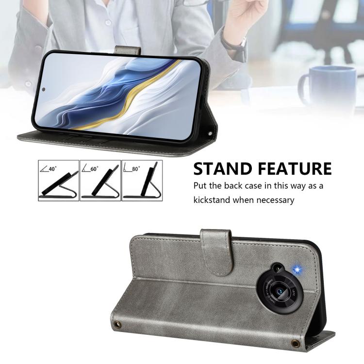 For Sharp Aquos R7 Line Splicing Buckle Retro Leather Phone Case