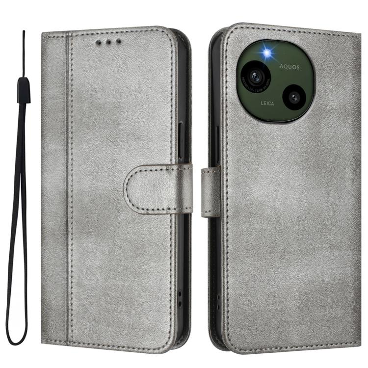 For Sharp Aquos R9 Line Splicing Buckle Retro Leather Phone Case
