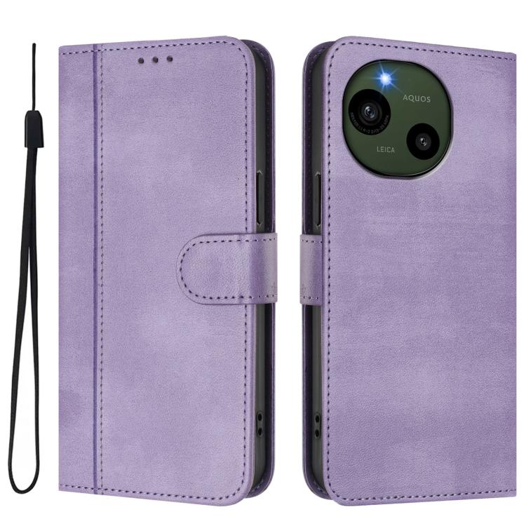 For Sharp Aquos R9 Line Splicing Buckle Retro Leather Phone Case