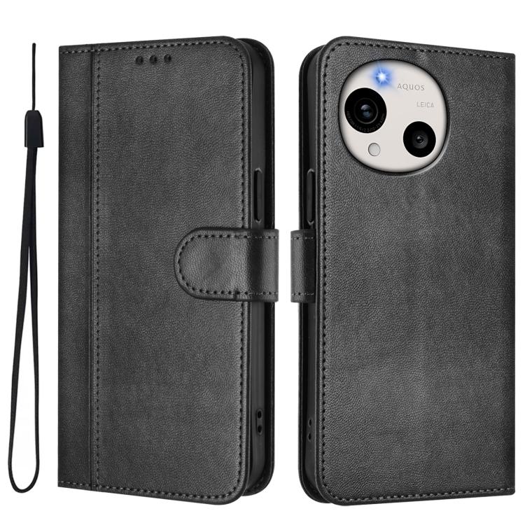 For Sharp Aquos R11 Line Splicing Buckle Retro Leather Phone Case