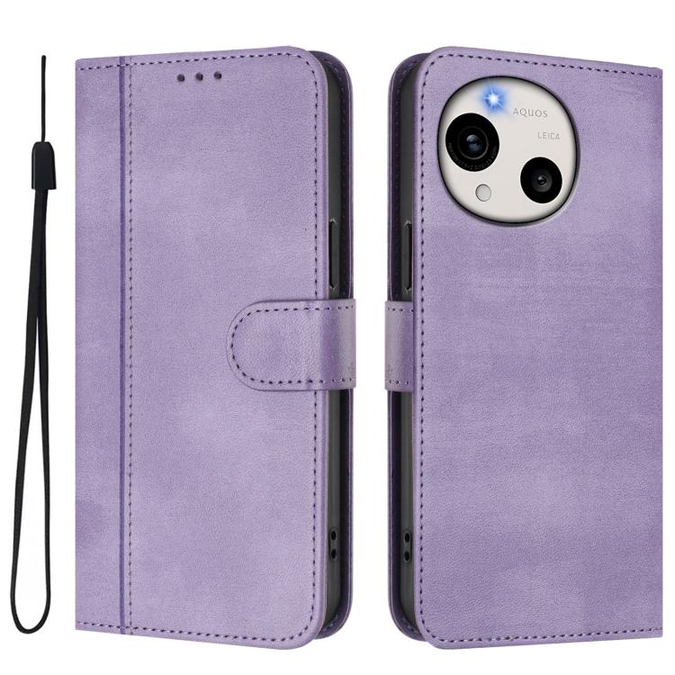 For Sharp Aquos R11 Line Splicing Buckle Retro Leather Phone Case