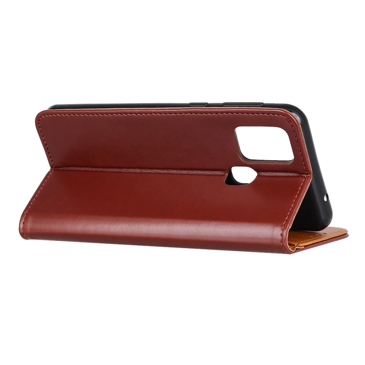 For Samsung Galaxy A21s 3-Color Pearl Texture Magnetic Buckle Horizontal Flip PU Leather Case with Card Slots & Wallet & Holder